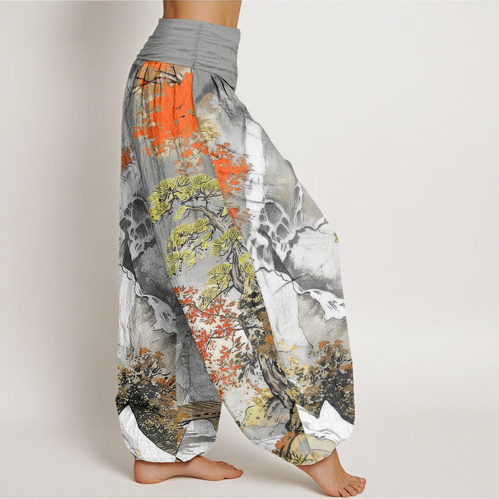 Pantalon harem pour femme, taille élastique, en pur coton, motif paysage et arbres, couleurs coordonnées, avec Buddha Stones - image 7