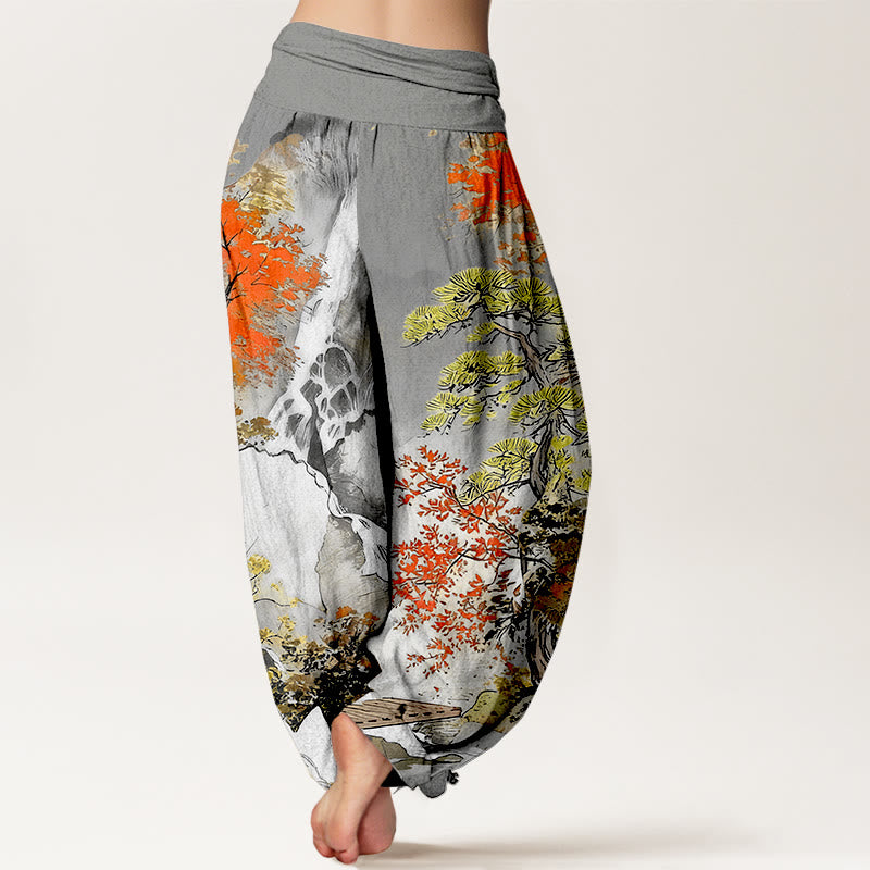 Pantalon harem pour femme, taille élastique, en pur coton, motif paysage et arbres, couleurs coordonnées, avec Buddha Stones - image 6