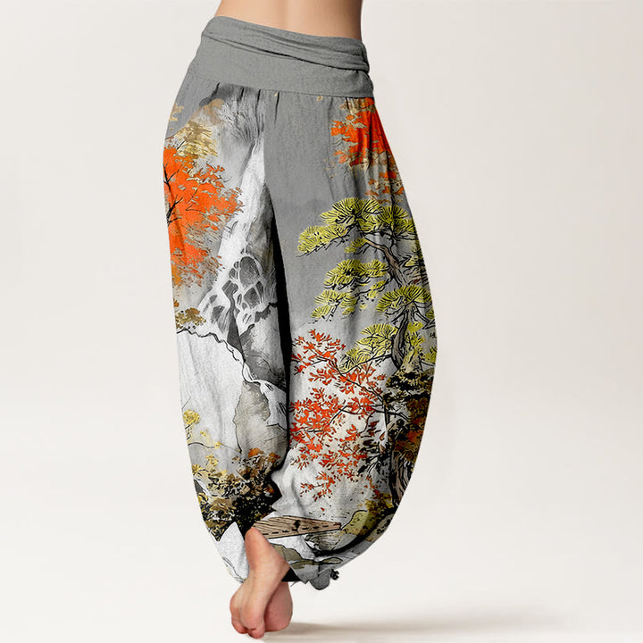 Pantalon harem pour femme, taille élastique, en pur coton, motif paysage et arbres, couleurs coordonnées, avec Buddha Stones - image 6