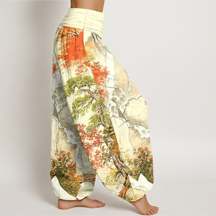 Pantalon harem pour femme, taille élastique, en pur coton, motif paysage et arbres, couleurs coordonnées, avec Buddha Stones - image 9