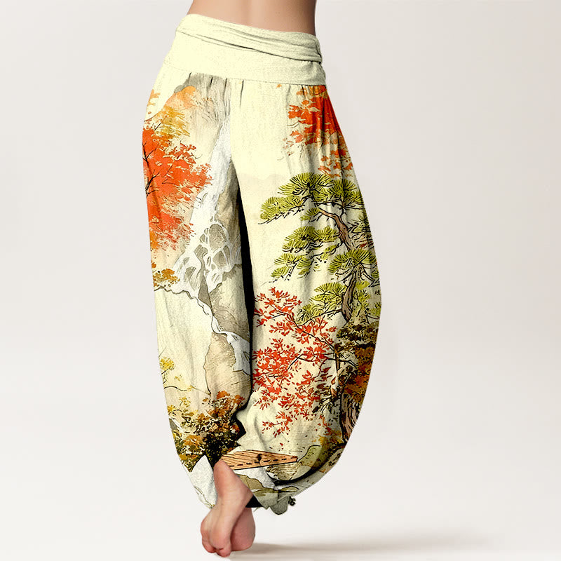 Pantalon harem pour femme, taille élastique, en pur coton, motif paysage et arbres, couleurs coordonnées, avec Buddha Stones - image 10