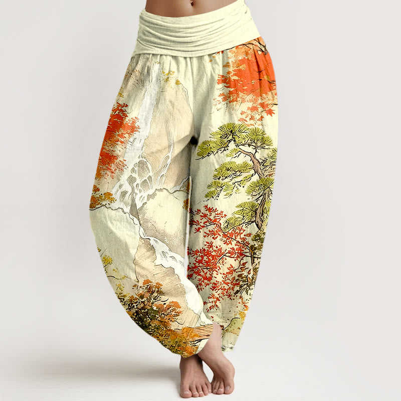 Pantalon harem pour femme, taille élastique, en pur coton, motif paysage et arbres, couleurs coordonnées, avec Buddha Stones - LemonChiffon - US16，UK/AU20，EU48 (3XL) - image 8