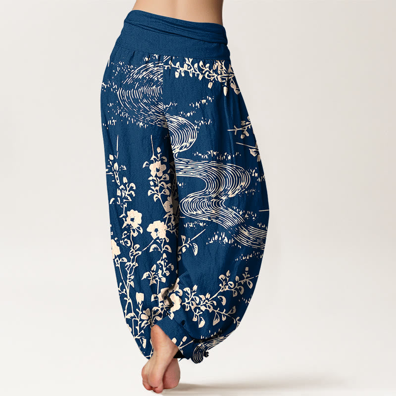 Pantalon harem femme en pur coton à motif floral simple et Buddha Stones, taille élastique - image 1