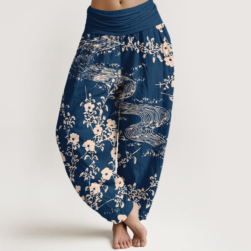 Pantalon harem femme en pur coton à motif floral simple et Buddha Stones, taille élastique - Bleu foncé - US16，UK/AU20，EU48 (3XL) - image 0
