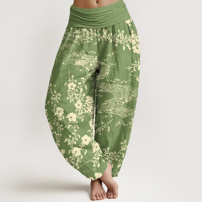 Pantalon harem femme en pur coton à motif floral simple et Buddha Stones, taille élastique - JauneVert - US16，UK/AU20，EU48 (3XL) - image 8