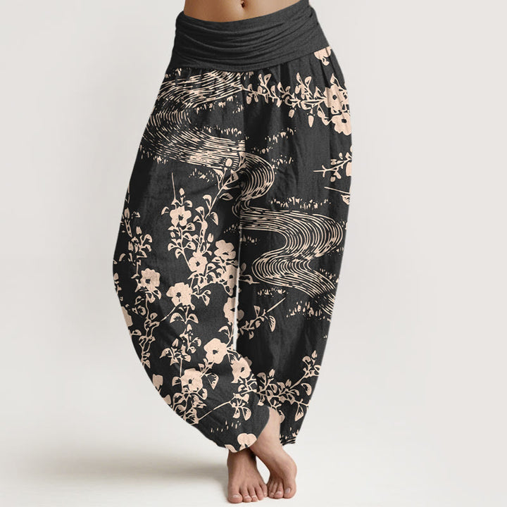 Pantalon harem femme en pur coton à motif floral simple et Buddha Stones, taille élastique - Noir - US16，UK/AU20，EU48 (3XL) - image 5