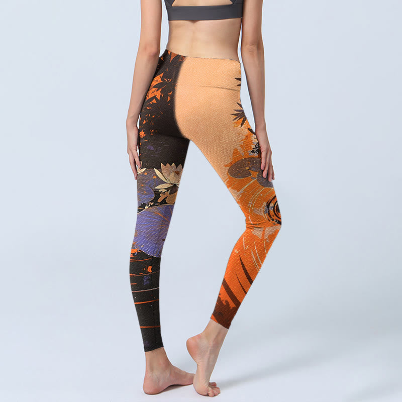 Leggings de sport pour femmes avec imprimé de Buddha Stones, de fleurs de lotus, de feuilles et de vagues. Pantalon de yoga. - image 3