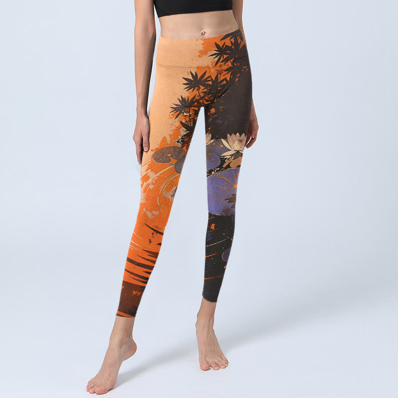 Leggings de sport pour femmes avec imprimé de Buddha Stones, de fleurs de lotus, de feuilles et de vagues. Pantalon de yoga. - image 5