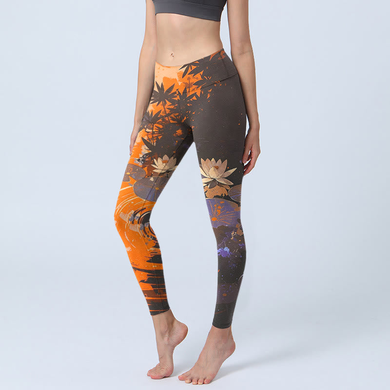 Leggings de sport pour femmes avec imprimé de Buddha Stones, de fleurs de lotus, de feuilles et de vagues. Pantalon de yoga. - Orange - US18，UK/AU22，EU50 (4XL) - image 0