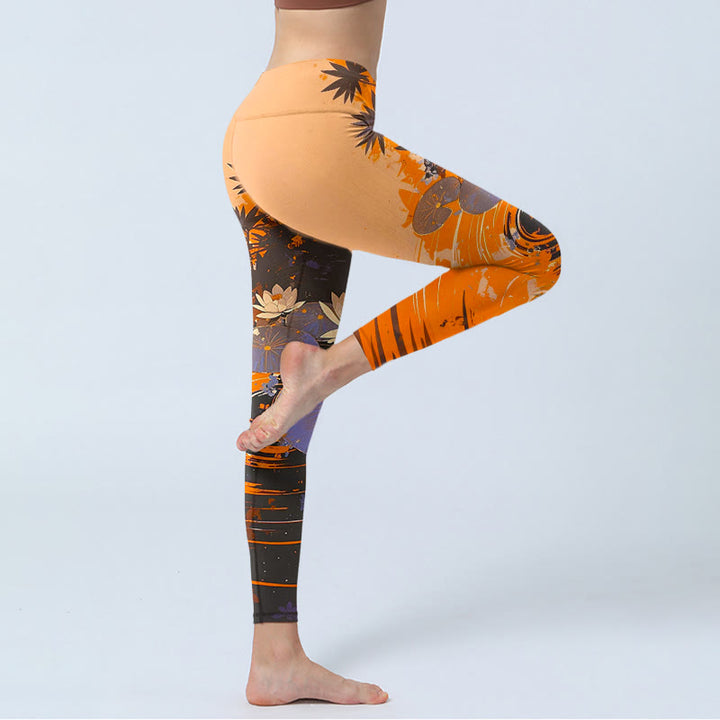 Leggings de sport pour femmes avec imprimé de Buddha Stones, de fleurs de lotus, de feuilles et de vagues. Pantalon de yoga. - image 4