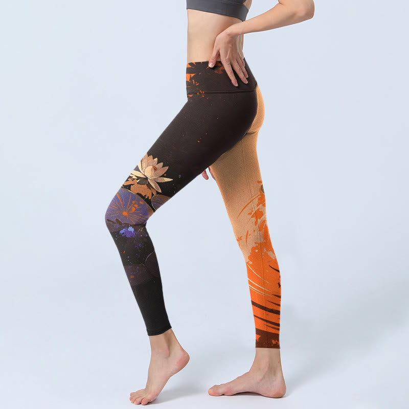 Leggings de sport pour femmes avec imprimé de Buddha Stones, de fleurs de lotus, de feuilles et de vagues. Pantalon de yoga. - image 2