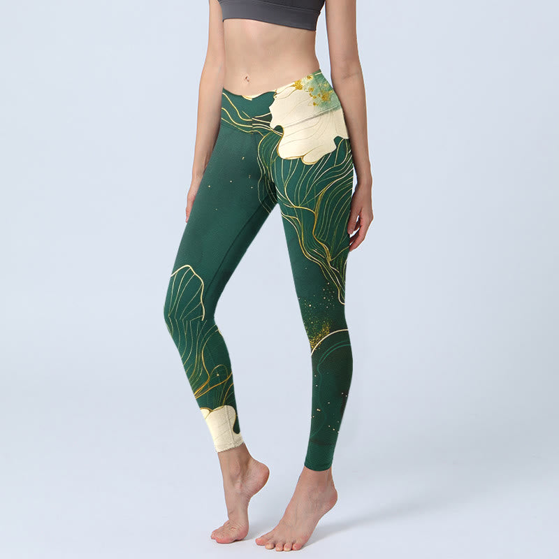 Leggings de sport pour femmes avec imprimé floral élégant et Buddha Stones - Vert foncé - US18，UK/AU22，EU50 (4XL) - image 0