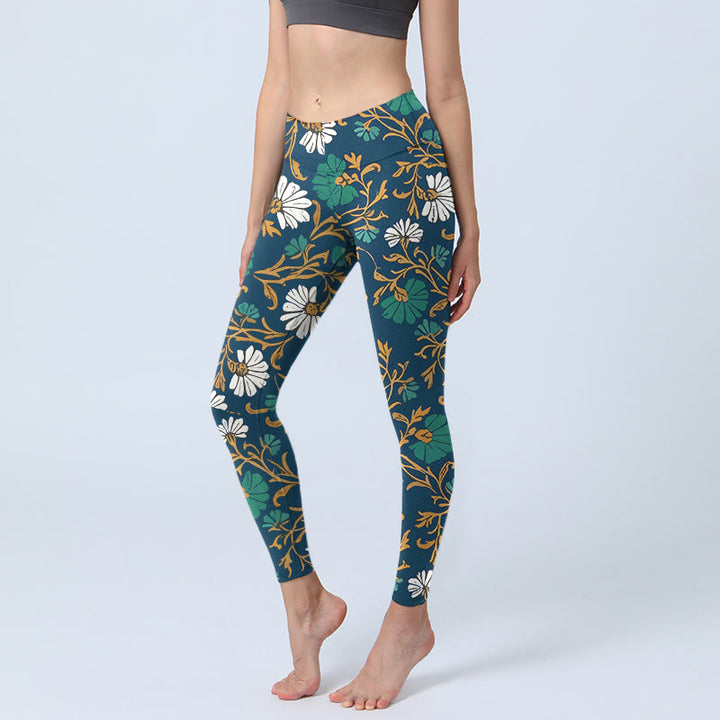 Leggings de yoga pour femmes, style rétro champêtre, imprimé de fleurs et de vignes, avec Buddha Stones - Marine - US18，UK/AU22，EU50 (4XL) - image 0