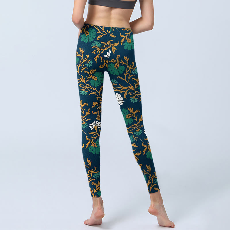 Leggings de yoga pour femmes, style rétro champêtre, imprimé de fleurs et de vignes, avec Buddha Stones - image 6