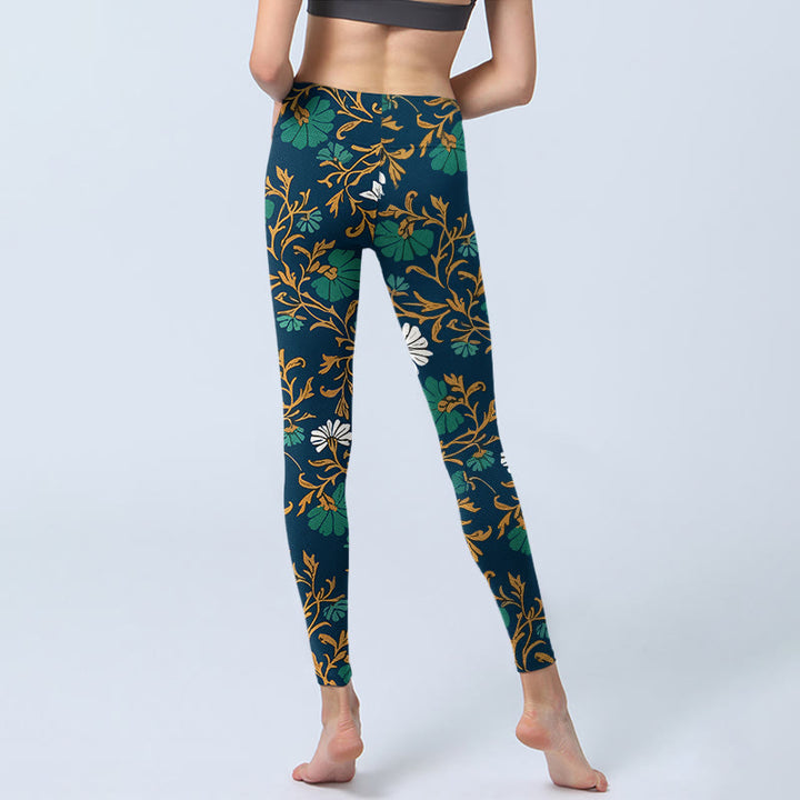 Leggings de yoga pour femmes, style rétro champêtre, imprimé de fleurs et de vignes, avec Buddha Stones - image 6