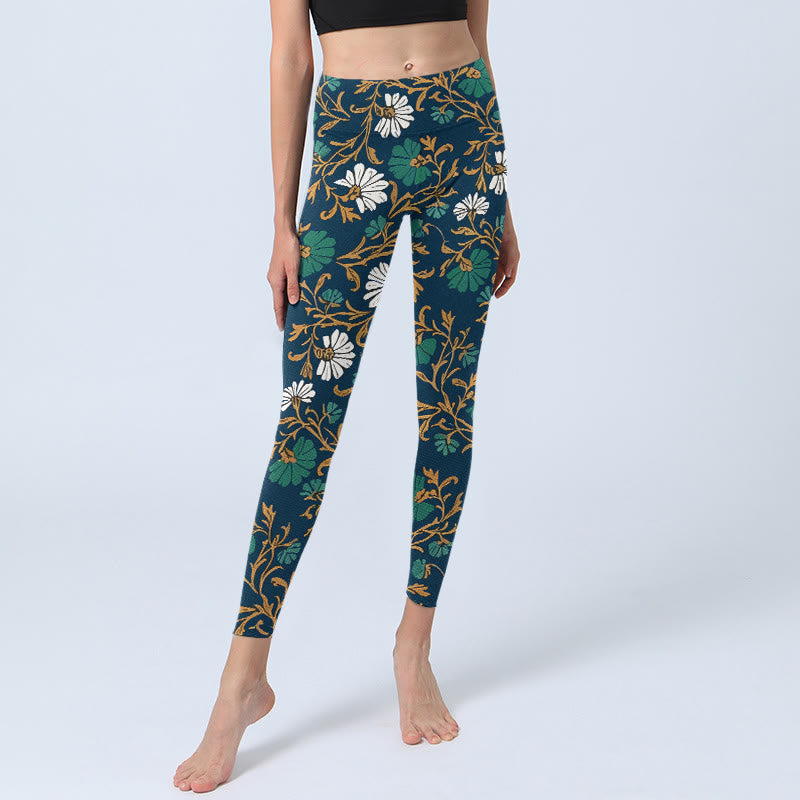 Leggings de yoga pour femmes, style rétro champêtre, imprimé de fleurs et de vignes, avec Buddha Stones - image 5