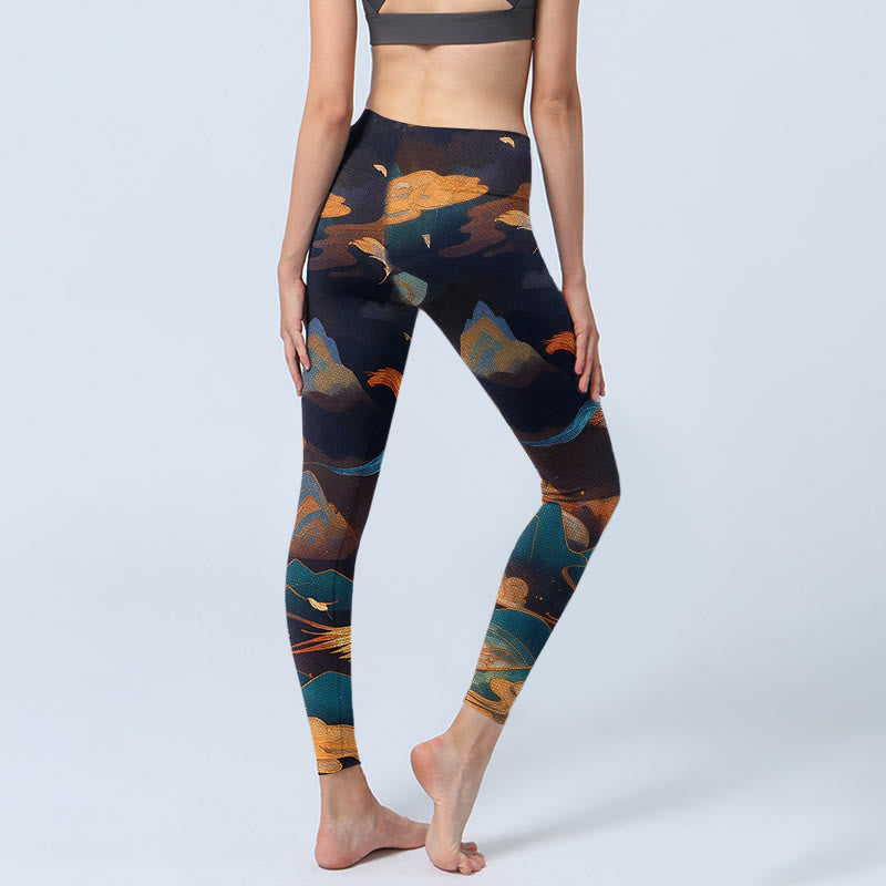 Leggings de sport pour femmes, imprimé motif montagne et nuages ​​de phénix, avec Buddha Stones - image 3