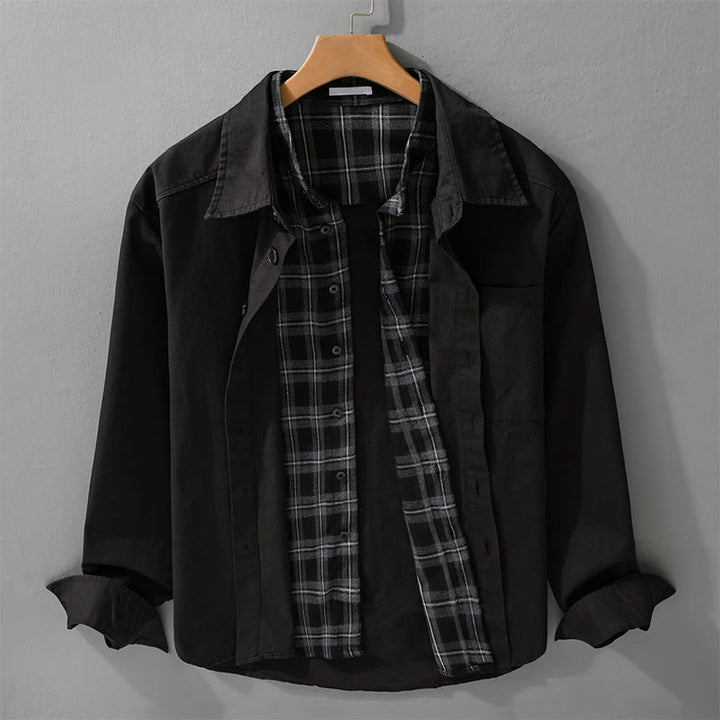 Veste deux-pièces en coton à manches longues avec poches, motif à carreaux printaniers Buddha Stones. - Noir - US/UK/AU42，EU52 (3XL) - image 0