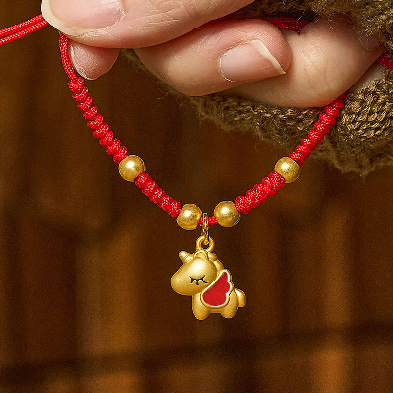 Bracelet en cuivre tressé rouge avec Buddha Stones et fil rouge, année du Cheval - Cheval ailé rouge (Tour de poignet : 10-18 cm) - image 0