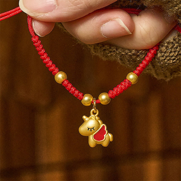 Bracelet en cuivre tressé rouge avec Buddha Stones et fil rouge, année du Cheval - Cheval ailé rouge (Tour de poignet : 10-18 cm) - image 0