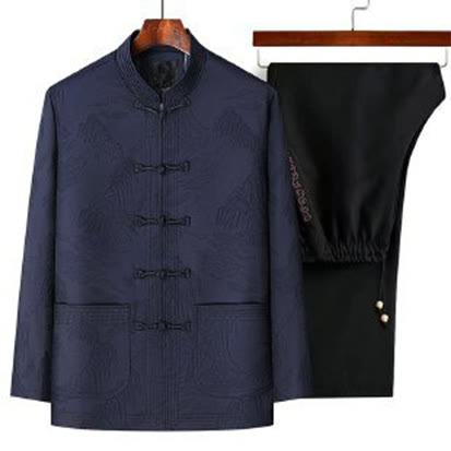 Ensemble de vêtements en coton Buddha Stones 2 pièces pour homme, chemise à manches longues et pantalon à boutons grenouille - Bleu nuit - US/UK/AU44，EU54 (4XL) - image 2