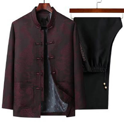 Ensemble de vêtements en coton Buddha Stones 2 pièces pour homme, chemise à manches longues et pantalon à boutons grenouille - Rouge foncé - US/UK/AU44，EU54 (4XL) - image 4