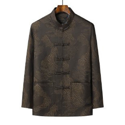 Ensemble de vêtements en coton Buddha Stones 2 pièces pour homme, chemise à manches longues et pantalon à boutons grenouille - image 1