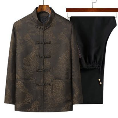Ensemble de vêtements en coton Buddha Stones 2 pièces pour homme, chemise à manches longues et pantalon à boutons grenouille - SaddleBrown - US/UK/AU44，EU54 (4XL) - image 0