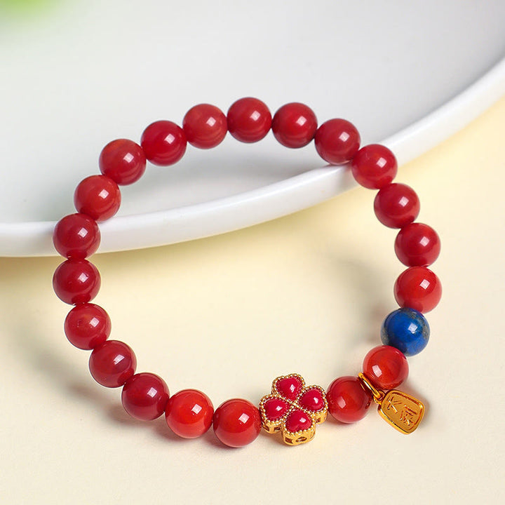 Bracelet de perles positives en agate rouge du Sud, agate blanche et trèfle à quatre feuilles, Buddha Stones, agate rouge du Sud et agate blanche. - image 2