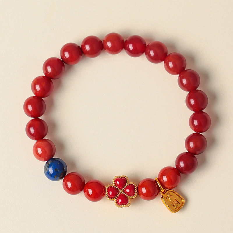 Bracelet de perles positives en agate rouge du Sud, agate blanche et trèfle à quatre feuilles, Buddha Stones, agate rouge du Sud et agate blanche. - Agate rouge du Sud (Tour de poignet : 14-17 cm) - image 1