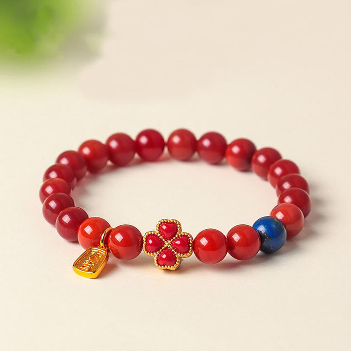 Bracelet de perles positives en agate rouge du Sud, agate blanche et trèfle à quatre feuilles, Buddha Stones, agate rouge du Sud et agate blanche. - image 0