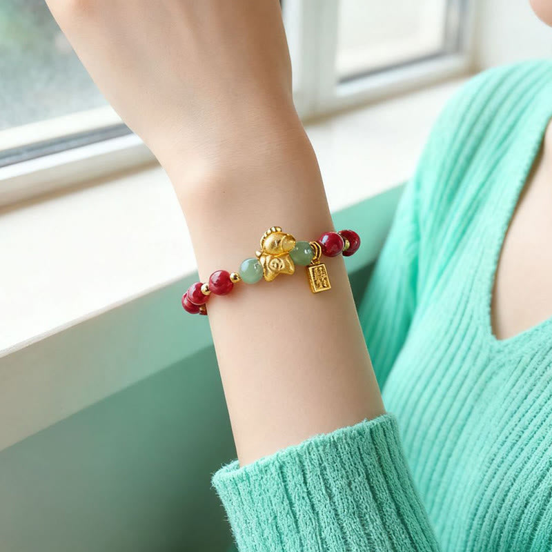 Bracelet de bénédiction en jade Hetian, Buddha Stones du zodiaque chinois, année du Cheval, caractère Fu, cinabre et jade. - image 12