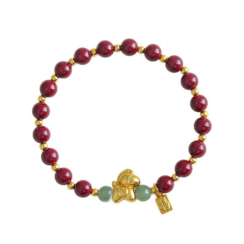 Bracelet de bénédiction en jade Hetian, Buddha Stones du zodiaque chinois, année du Cheval, caractère Fu, cinabre et jade. - image 4