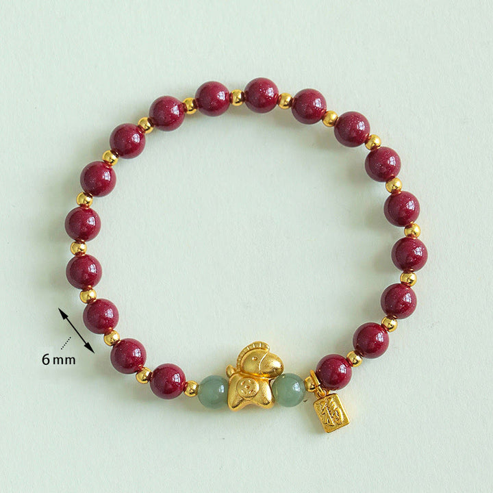 Bracelet de bénédiction en jade Hetian, Buddha Stones du zodiaque chinois, année du Cheval, caractère Fu, cinabre et jade. - image 3
