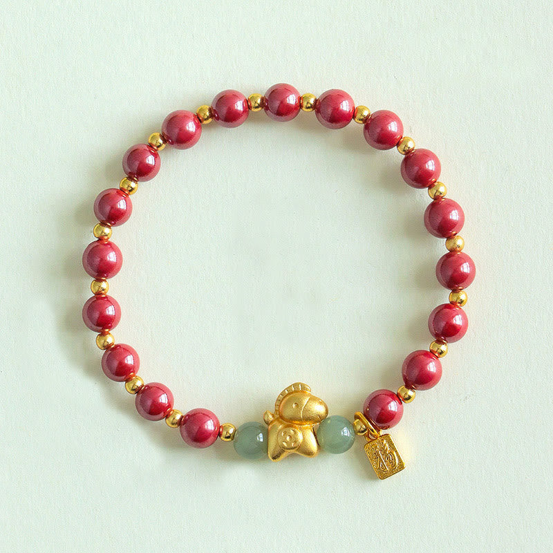 Bracelet de bénédiction en jade Hetian, Buddha Stones du zodiaque chinois, année du Cheval, caractère Fu, cinabre et jade. - Cinabre Impérial (Tour de poignet : 14-17 cm) - image 9