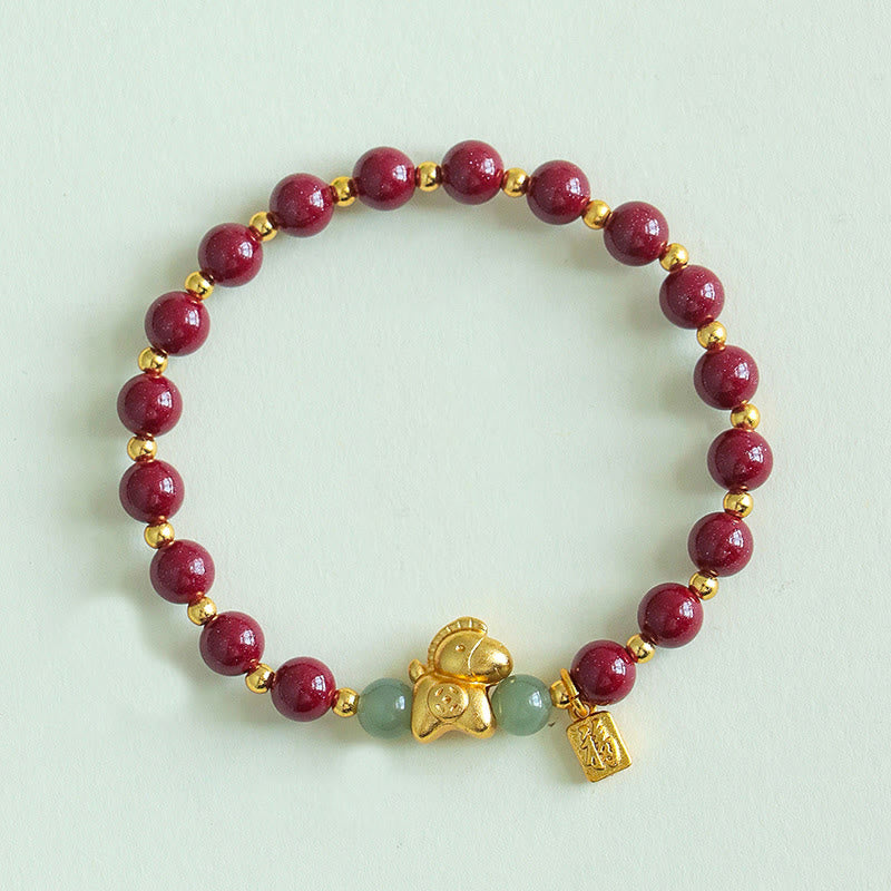 Bracelet de bénédiction en jade Hetian, Buddha Stones du zodiaque chinois, année du Cheval, caractère Fu, cinabre et jade. - Cinabre (Tour de poignet : 14-17 cm) - image 1
