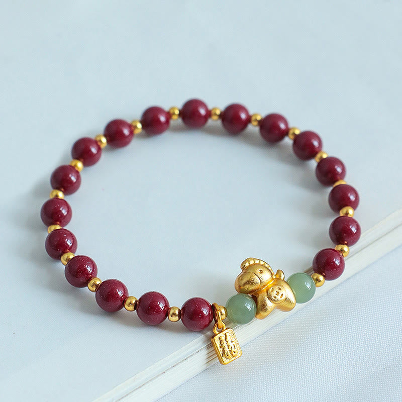 Bracelet de bénédiction en jade Hetian, Buddha Stones du zodiaque chinois, année du Cheval, caractère Fu, cinabre et jade. - image 2