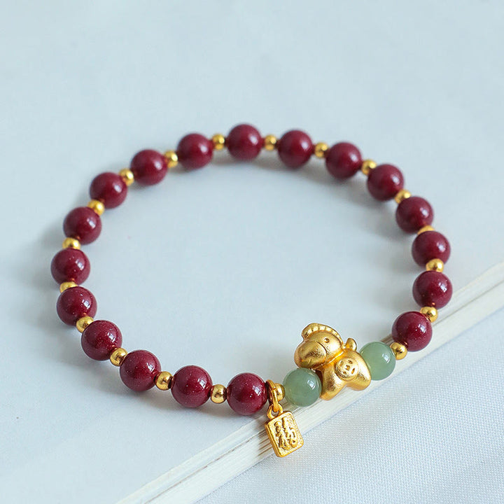 Bracelet de bénédiction en jade Hetian, Buddha Stones du zodiaque chinois, année du Cheval, caractère Fu, cinabre et jade. - image 2