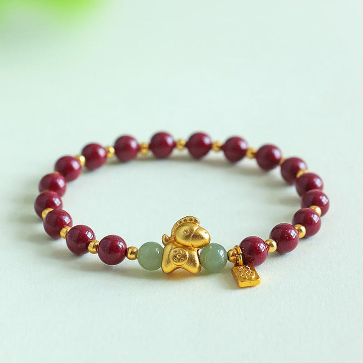 Bracelet de bénédiction en jade Hetian, Buddha Stones du zodiaque chinois, année du Cheval, caractère Fu, cinabre et jade. - image 0