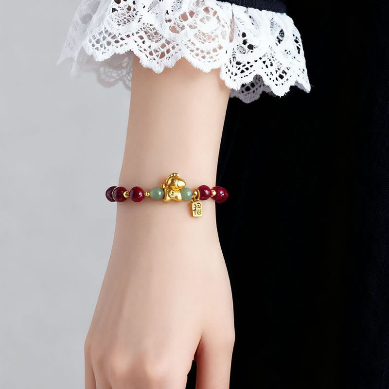 Bracelet de bénédiction en jade Hetian, Buddha Stones du zodiaque chinois, année du Cheval, caractère Fu, cinabre et jade. - image 5