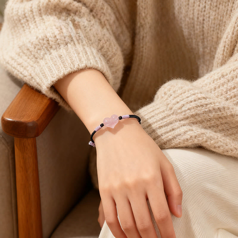 Bracelet chaleureux en Buddha Stones, breloque cœur en cristal rose naturel et cordon tressé. - image 10