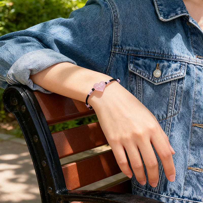 Bracelet chaleureux en Buddha Stones, breloque cœur en cristal rose naturel et cordon tressé. - image 9