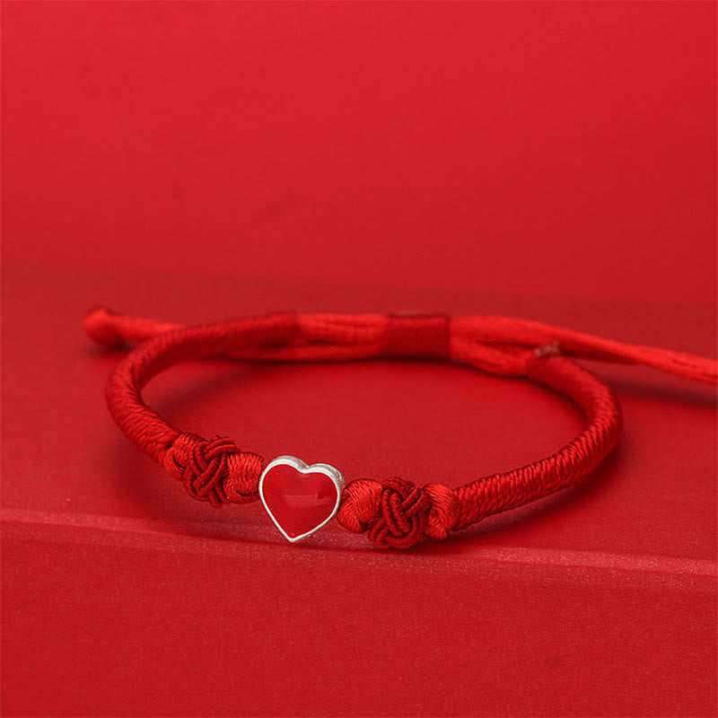 Bracelet en argent sterling 999 avec motif cœur 3D et cordon rouge, orné de Buddha Stones. - Cordon rouge (Tour de poignet : 19-20 cm) - image 0