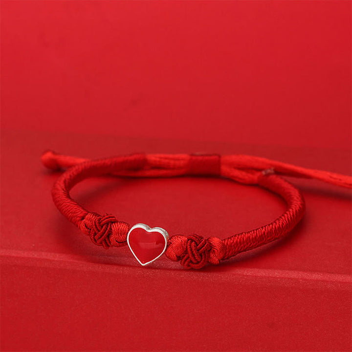Bracelet en argent sterling 999 avec motif cœur 3D et cordon rouge, orné de Buddha Stones. - Cordon rouge (Tour de poignet : 19-20 cm) - image 0
