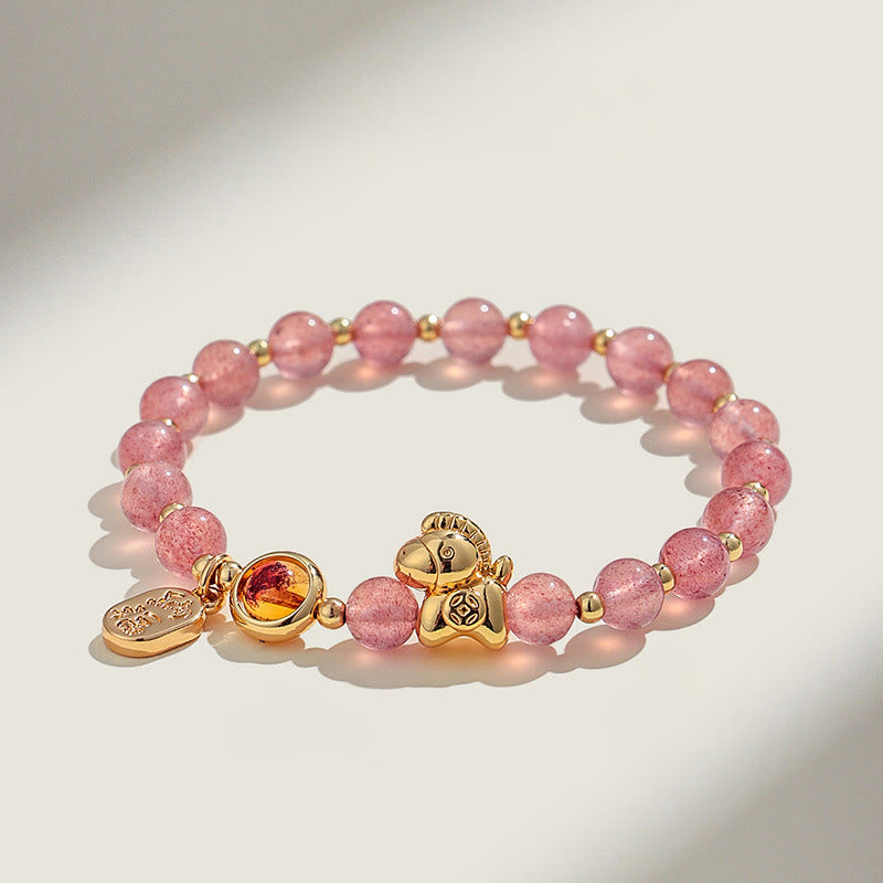 Bracelet d'amour en cristal rose et quartz fraise, citrine, agate rouge et Buddha Stones, année du Cheval - Quartz fraise (Tour de poignet : 14-15 cm) - image 0