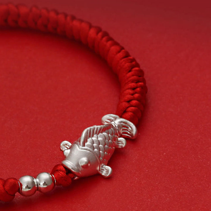 Bracelet porte-bonheur en argent sterling 999 avec perles en argent sterling 990, motif carpe koï et cordon rouge, orné de Buddha Stones - image 5