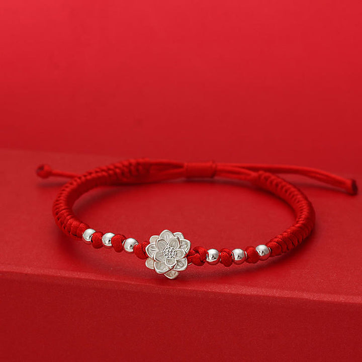 Bracelet porte-bonheur en argent sterling 999 Buddha Stones, symbole du lotus et perle en argent sterling 990, fil rouge. - Cordon rouge (Tour de poignet : 19-20 cm) - image 0