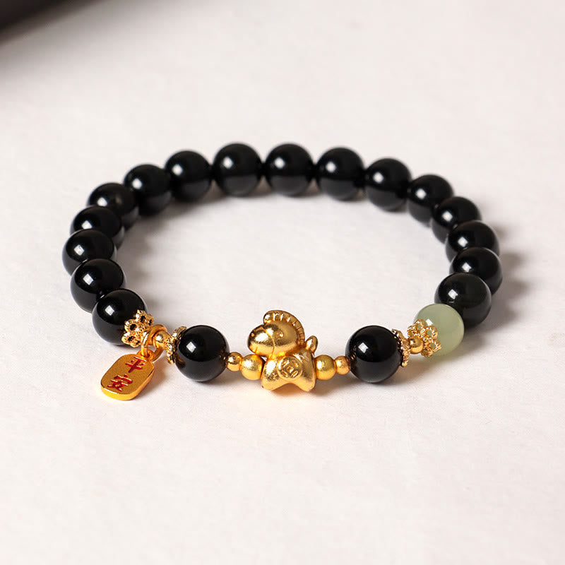 Bracelet de force en Buddha Stones, année du Cheval, jade Hetian, obsidienne noire et agate rouge - image 3