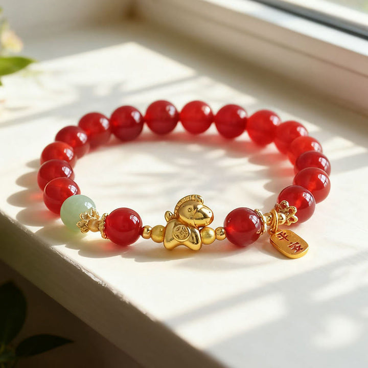 Bracelet de force en Buddha Stones, année du Cheval, jade Hetian, obsidienne noire et agate rouge - image 9