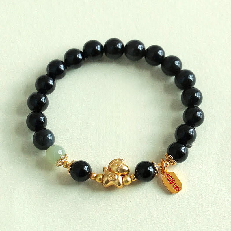 Bracelet de force en Buddha Stones, année du Cheval, jade Hetian, obsidienne noire et agate rouge - image 4